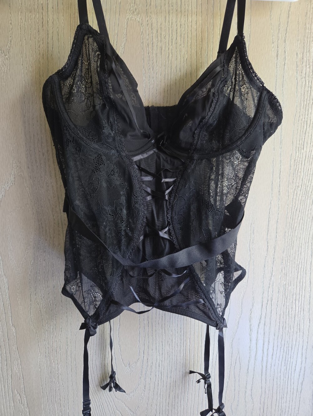 Adore Me Black Lace Garter Bustier with Satin Ties